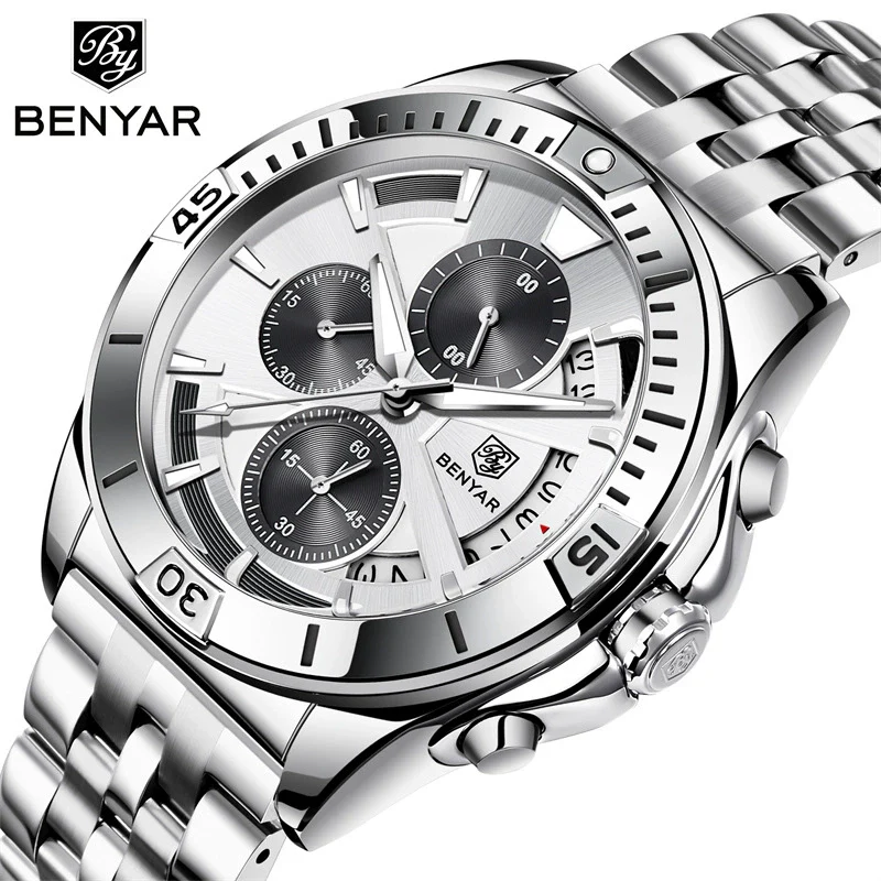 Men's Business Style Metal Case Stainless Steel Band Round Dial Quartz Multifunctional Waterproof Luminous Watch