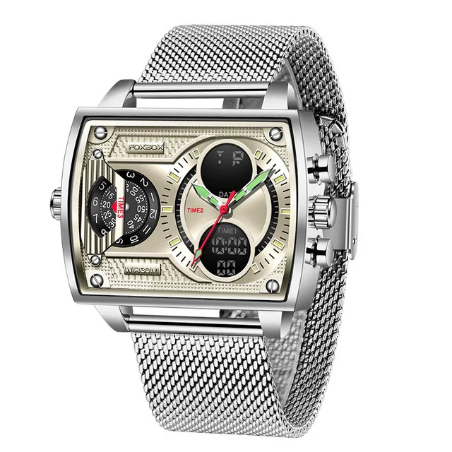 Men's Business Style Quartz Electronic Dual Display Watch Alloy Case Stainless Steel Strap Round Dial Waterproof Luminous - Image 3
