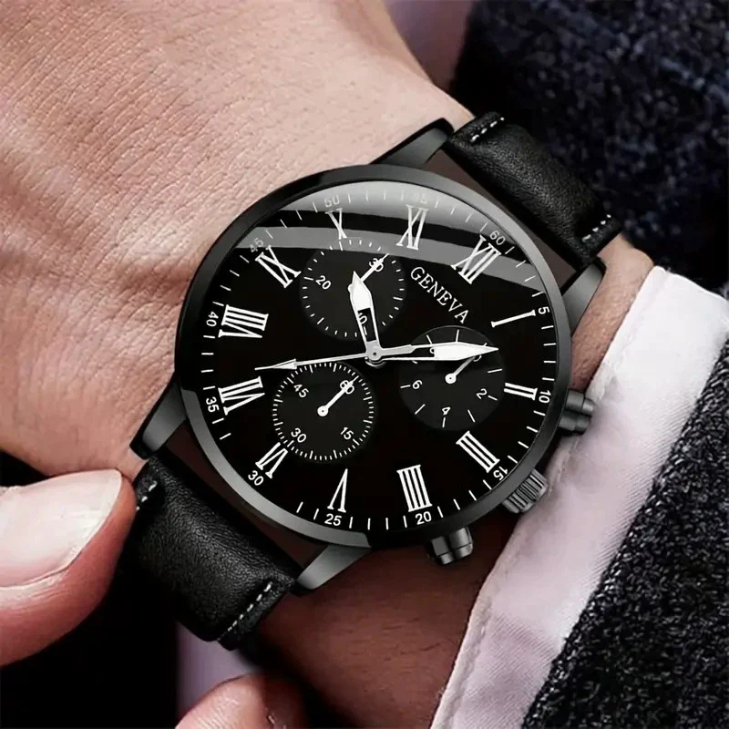 Men's Casual Alloy Case Imitation Leather Strap Stainless Steel Buckle Round Dial Watch - Image 2