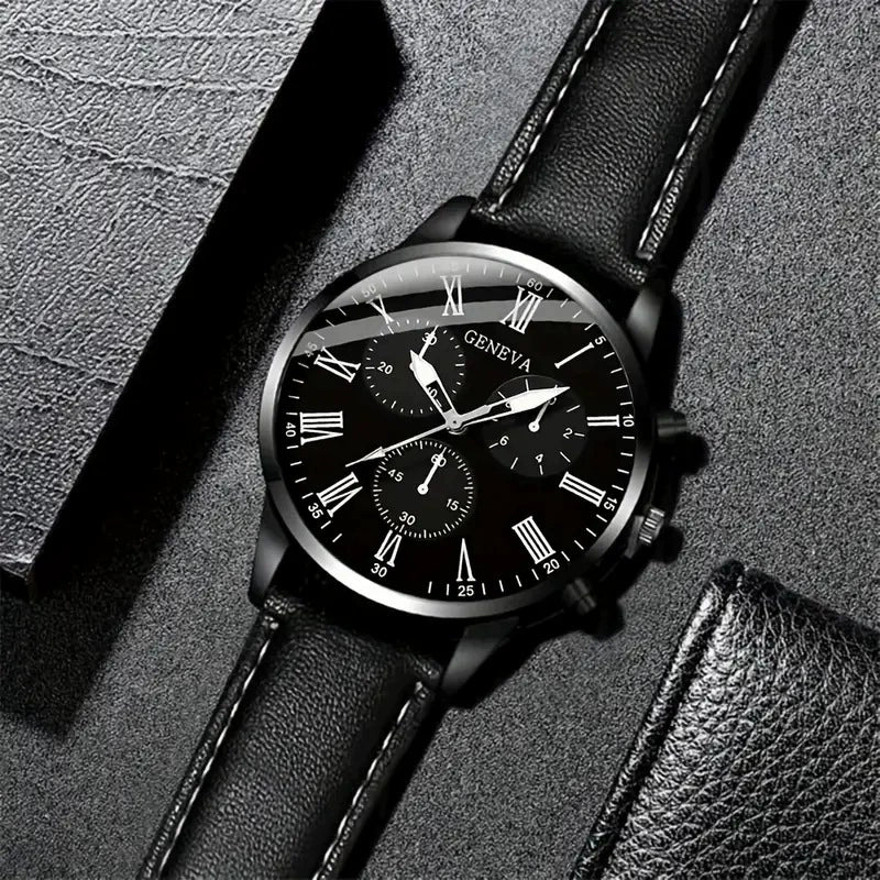 Men's Casual Alloy Case Imitation Leather Strap Stainless Steel Buckle Round Dial Watch - Image 3