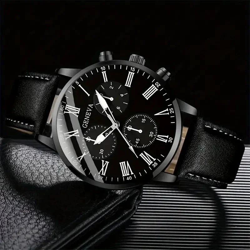 Men's Casual Alloy Case Imitation Leather Strap Stainless Steel Buckle Round Dial Watch - Image 4