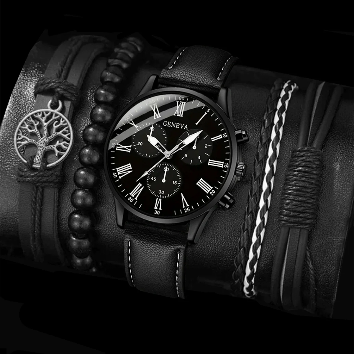 Men's Casual Alloy Case Stainless Steel Buckle Imitation Leather Strap Round Dial Quartz Watch