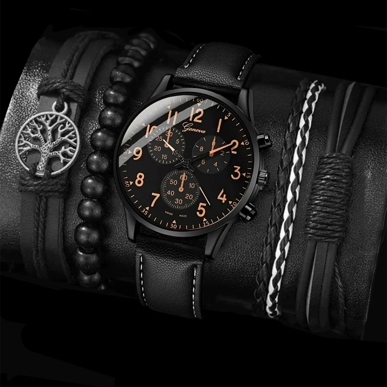 Men's Casual Alloy Case Stainless Steel Buckle Imitation Leather Strap Round Dial Quartz Watch - Image 4