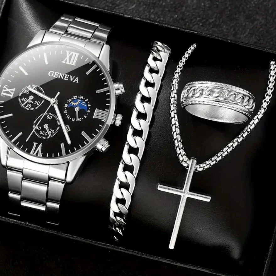 Men's Casual Alloy Quartz Watch With Fake Three Eye Calendar Roman Scale And Round Dial