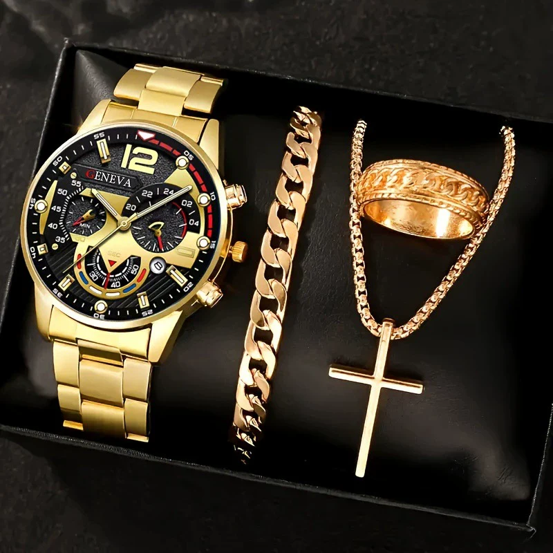 Men's Casual Alloy Quartz Watch With Fake Three Eye Calendar Roman Scale And Round Dial - Image 3