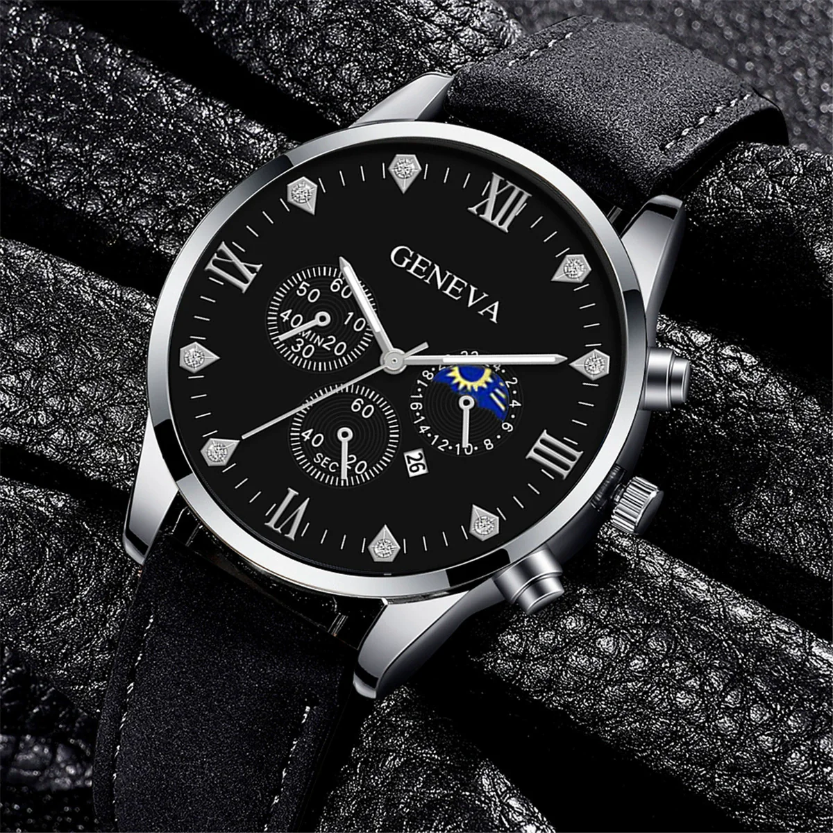 Men's Casual Fashion Quartz Watch And Belt Set With Alloy Case Imitation Leather Strap And Stainless Steel Clasp Round Dial - Image 4