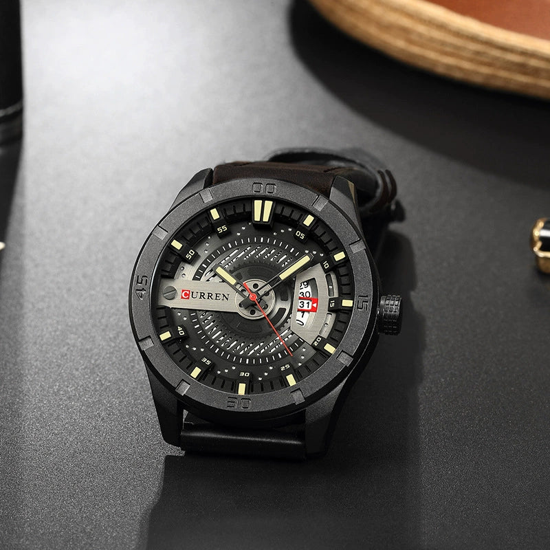 Men's Casual Metal Leather Quartz Watch With Round Dial - Image 3