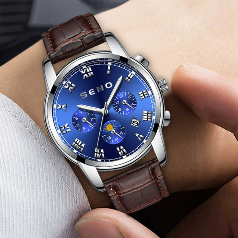 Men's Casual Quartz Watch With Sun Moon And Stars Pattern Waterproof Calendar Luminous Stainless Steel Clasp Alloy Case And Strap Round Dial - Image 10