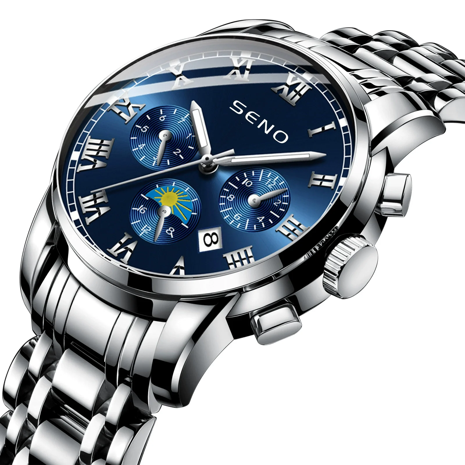 Men's Casual Quartz Watch With Sun Moon And Stars Pattern Waterproof Calendar Luminous Stainless Steel Clasp Alloy Case And Strap Round Dial - Image 2