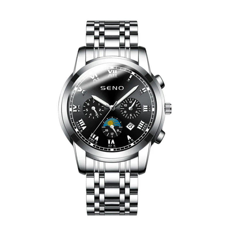 Men's Casual Quartz Watch With Sun Moon And Stars Pattern Waterproof Calendar Luminous Stainless Steel Clasp Alloy Case And Strap Round Dial - Image 6