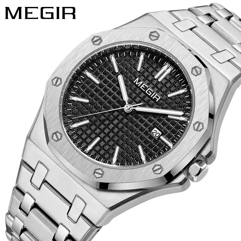 Men's Classic Business Alloy Case Stainless Steel Band Round Dial Waterproof Luminous Calendar Watch