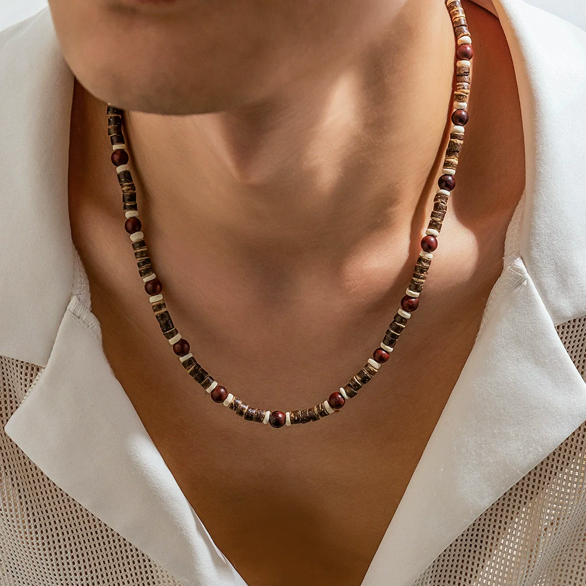 Men's Clavicle Chain Bohemian Style Handmade Wooden Beads Geometric Design