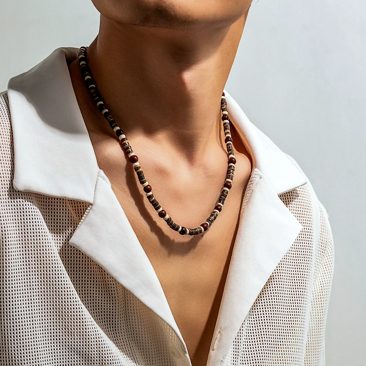 Men's Clavicle Chain Bohemian Style Handmade Wooden Beads Geometric Design - Image 3