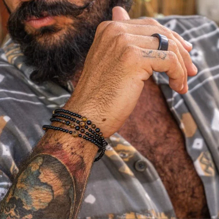 Men's Elastic Multistrand Handmade Bracelet Tiger Eye Black Onyx Wooden Bead Geometric Style - Image 2