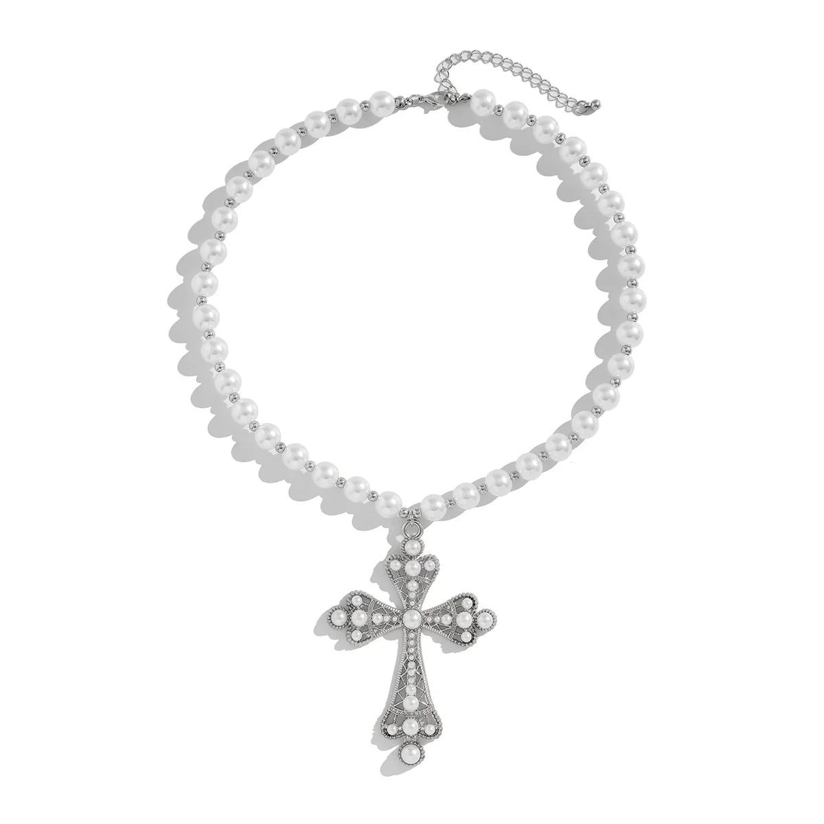 Men's Exaggerated Retro Fashion Geometric Cross Pendant Necklace Handmade With Imitation Pearls And Alloy - Image 5