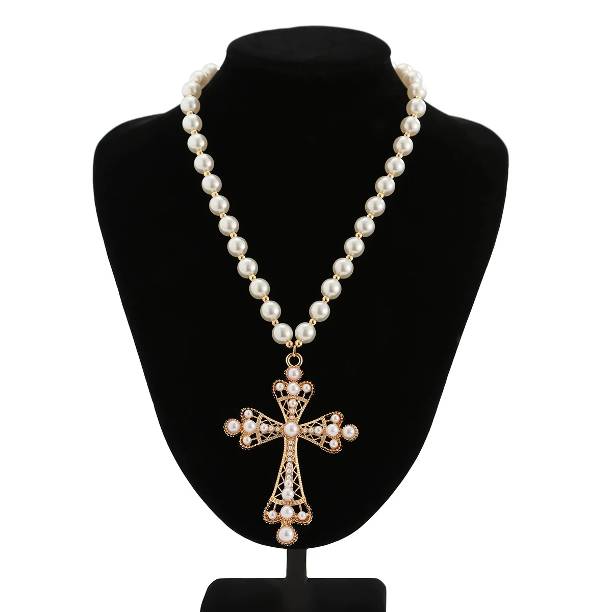 Men's Exaggerated Retro Fashion Geometric Cross Pendant Necklace Handmade With Imitation Pearls And Alloy - Image 6