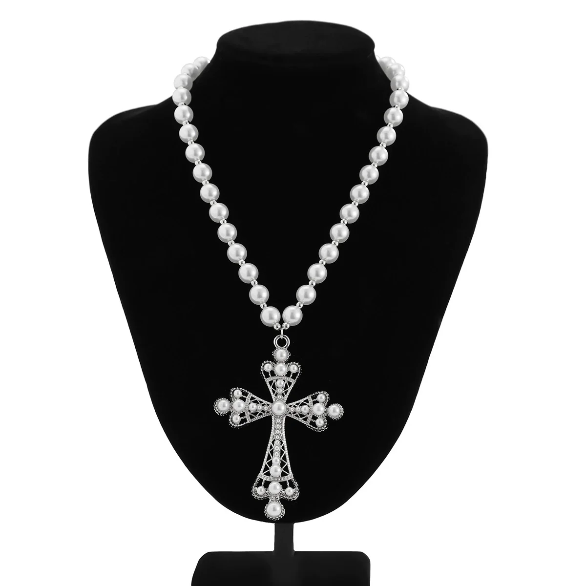 Men's Exaggerated Retro Fashion Geometric Cross Pendant Necklace Handmade With Imitation Pearls And Alloy - Image 7