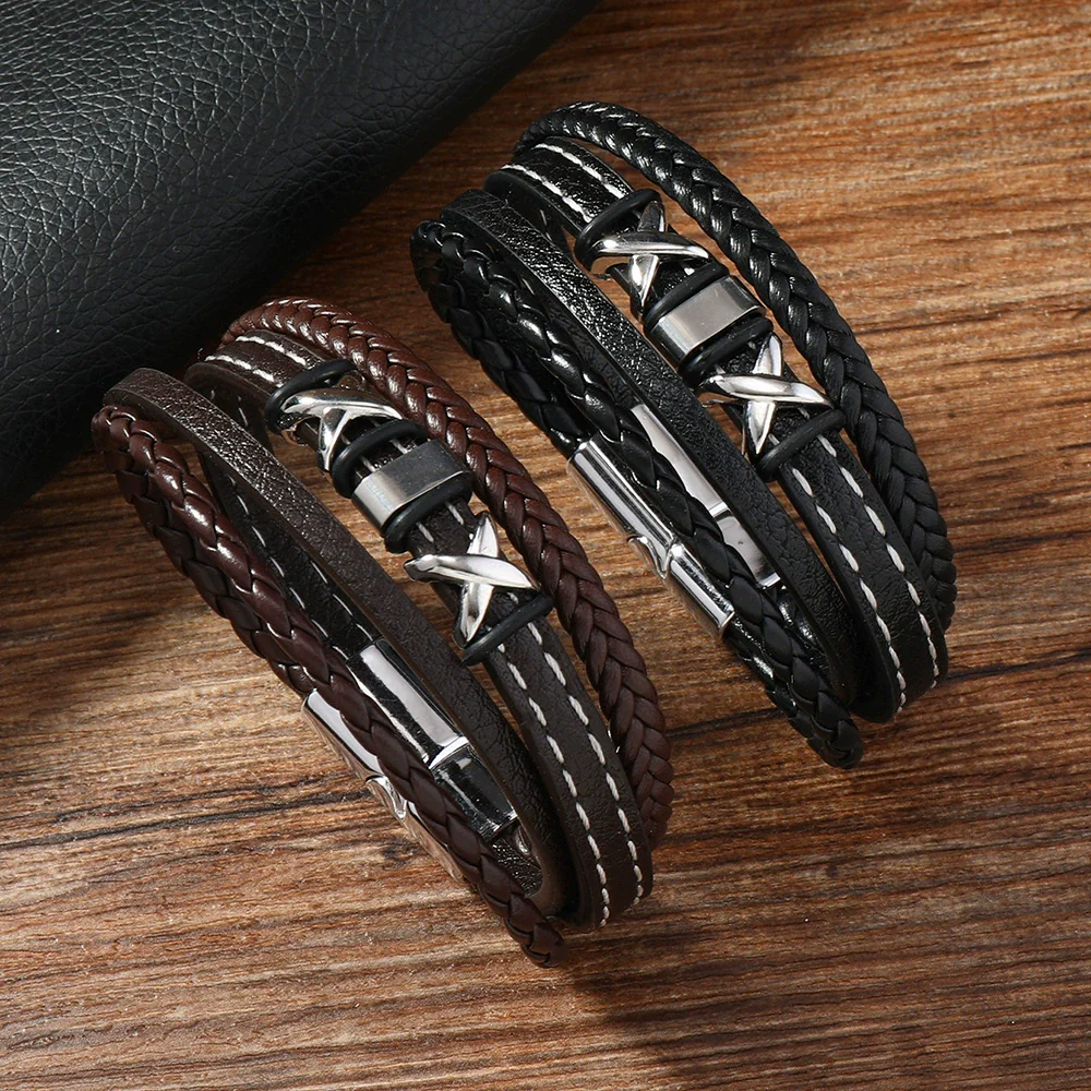 Men's Fashion Braided Leather Bracelet With Alloy Magnetic Buckle And Letter Pattern