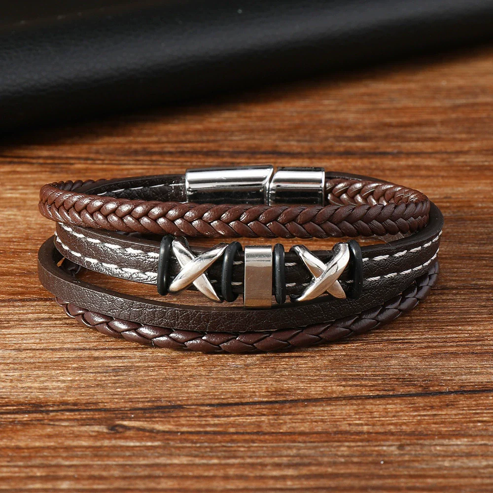 Men's Fashion Braided Leather Bracelet With Alloy Magnetic Buckle And Letter Pattern - Image 2