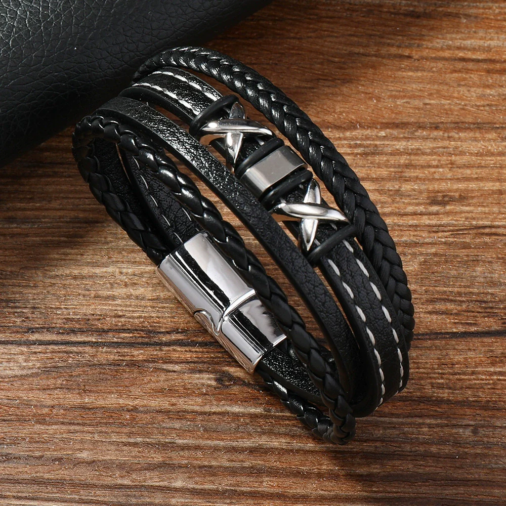 Men's Fashion Braided Leather Bracelet With Alloy Magnetic Buckle And Letter Pattern - Image 6