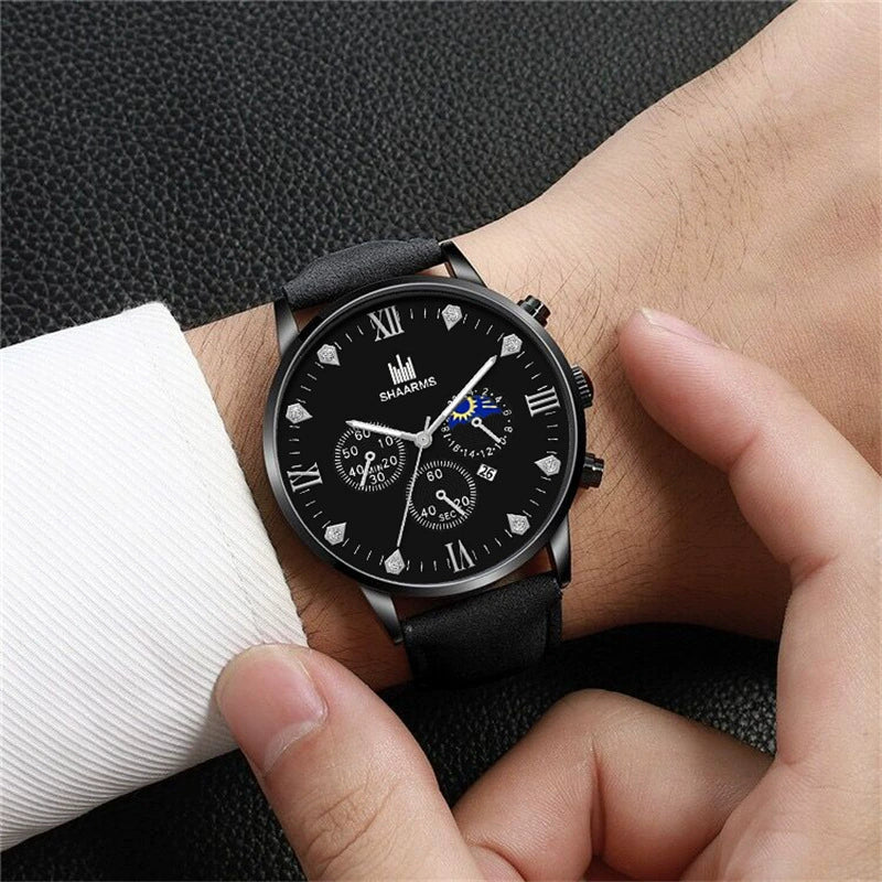 Men's Fashion Casual Quartz Watch With Round Dial Alloy Case Imitation Leather Strap And Stainless Steel Buckle - Image 4
