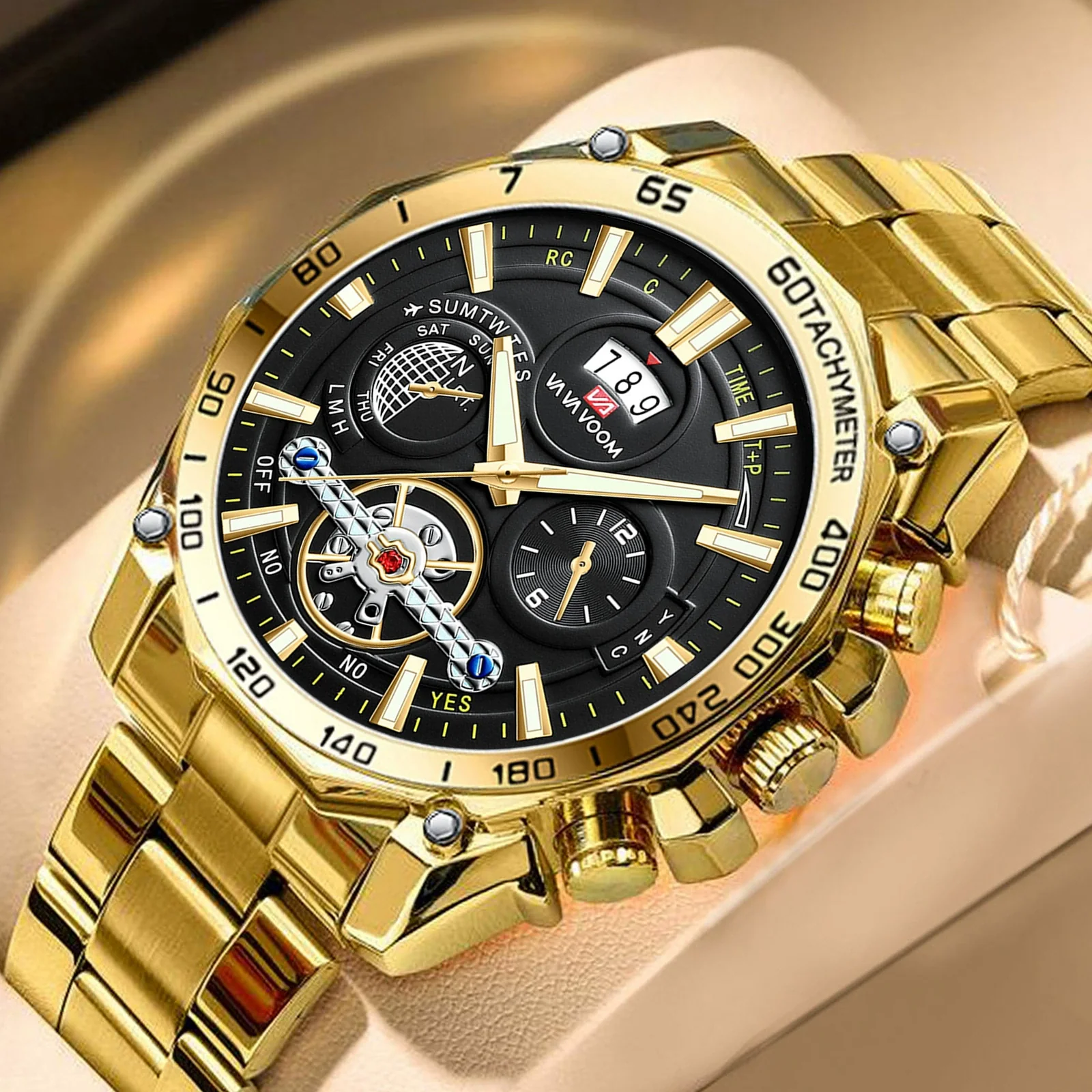 Men's Fashion Luminous Tourbillon Watch Stainless Steel Metal Round Dial