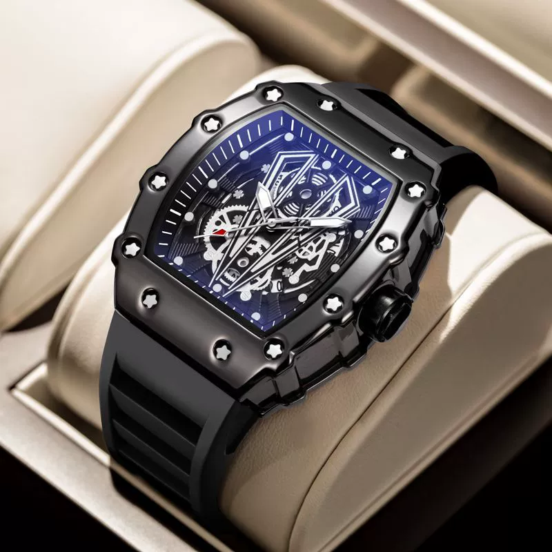 Men's Fashion Luminous Waterproof Quartz Watch Wine Barrel Shaped Alloy Case Stainless Steel Clasp Pu Strap
