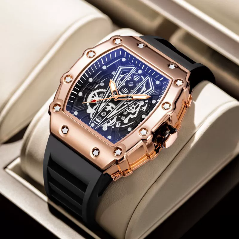 Men's Fashion Luminous Waterproof Quartz Watch Wine Barrel Shaped Alloy Case Stainless Steel Clasp Pu Strap - Image 4
