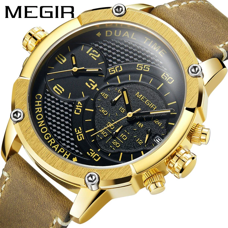 Men's Fashion Movement Multifunctional Genuine Leather Quartz Watch With Alloy Case And Round Dial