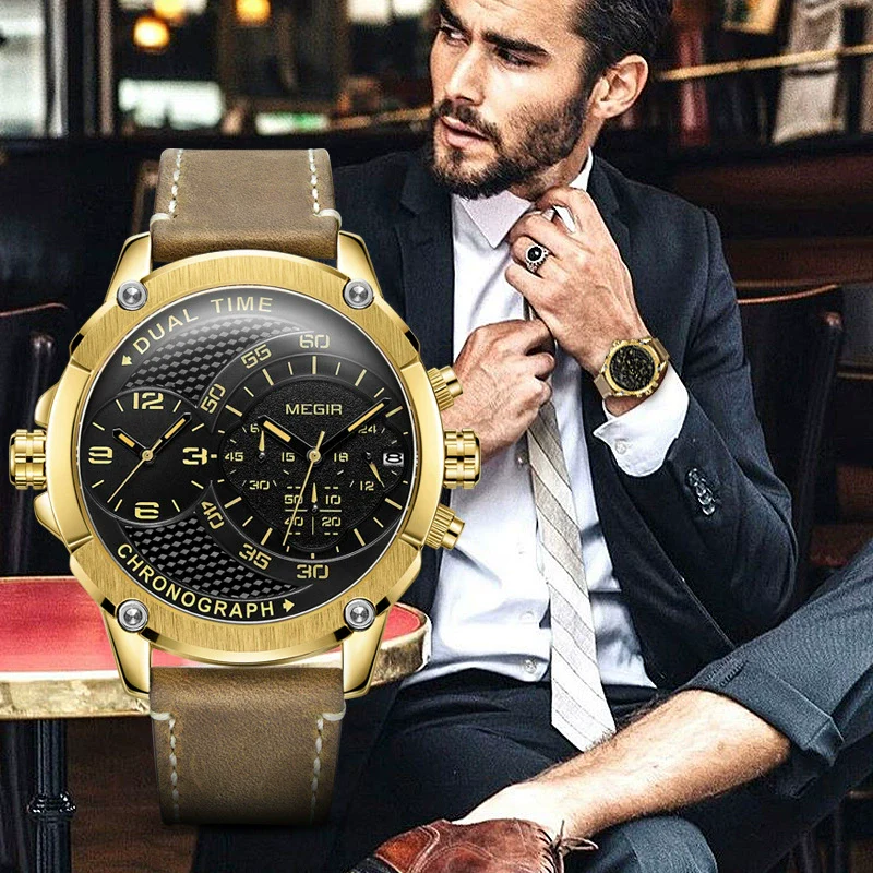 Men's Fashion Movement Multifunctional Genuine Leather Quartz Watch With Alloy Case And Round Dial - Image 4