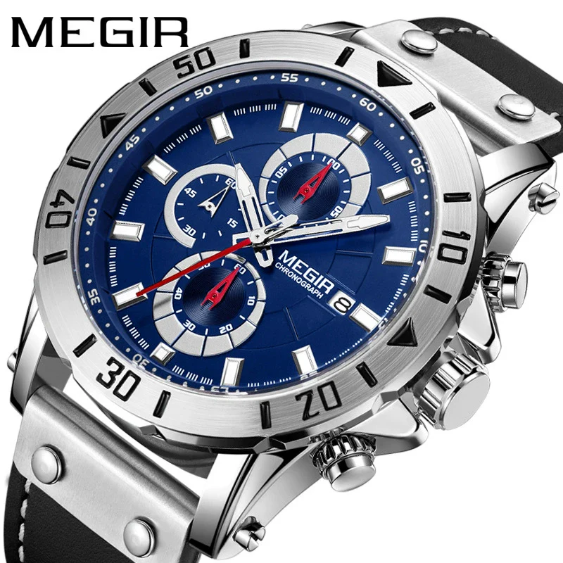 Men's Fashion Sports Watch Alloy Case Genuine Leather Strap Round Dial Threeeye Chronograph