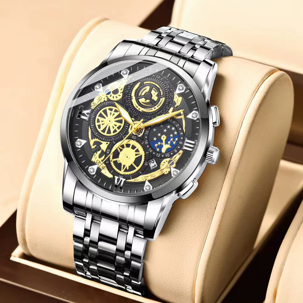 Men's Fashion Stainless Steel Waterproof Calendar Luminous Watch With Round Dial And Mineral Strengthened Glass Mirror - Image 6