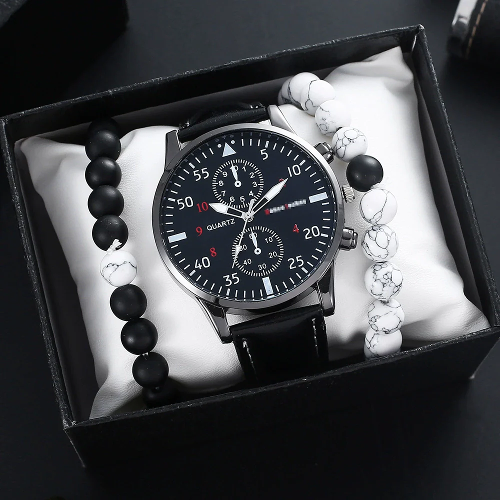 Men's Fashion Student Quartz Watch Set With Round Dial Stainless Steel Clasp And Imitation Leather Strap - Image 2