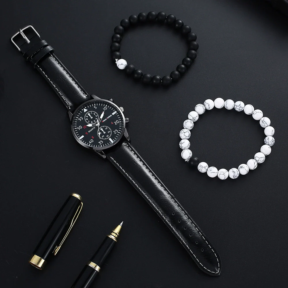 Men's Fashion Student Quartz Watch Set With Round Dial Stainless Steel Clasp And Imitation Leather Strap - Image 3