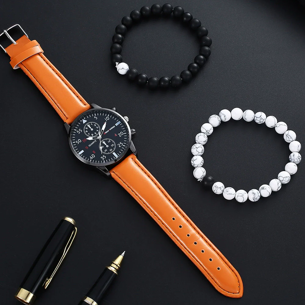 Men's Fashion Student Quartz Watch Set With Round Dial Stainless Steel Clasp And Imitation Leather Strap - Image 4