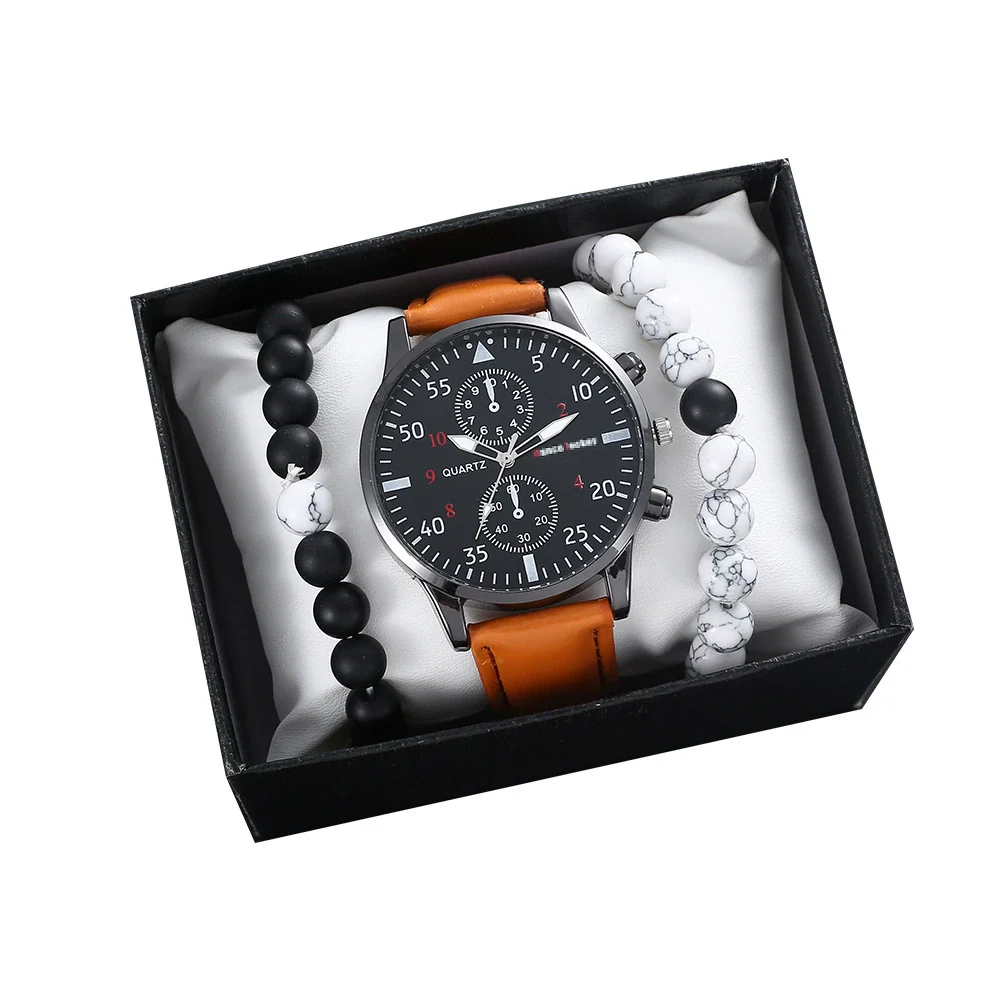 Men's Fashion Student Quartz Watch Set With Round Dial Stainless Steel Clasp And Imitation Leather Strap - Image 5