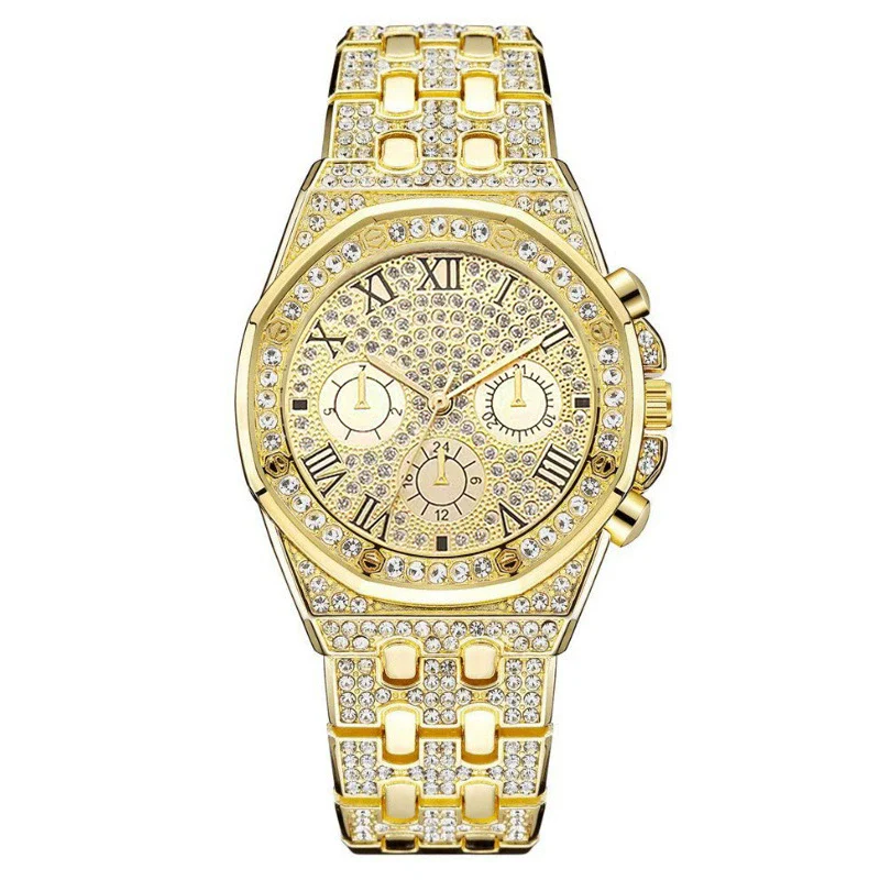 Men's Fashionable Steel Band Diamond Watch With Roman Numeral And Round Dial