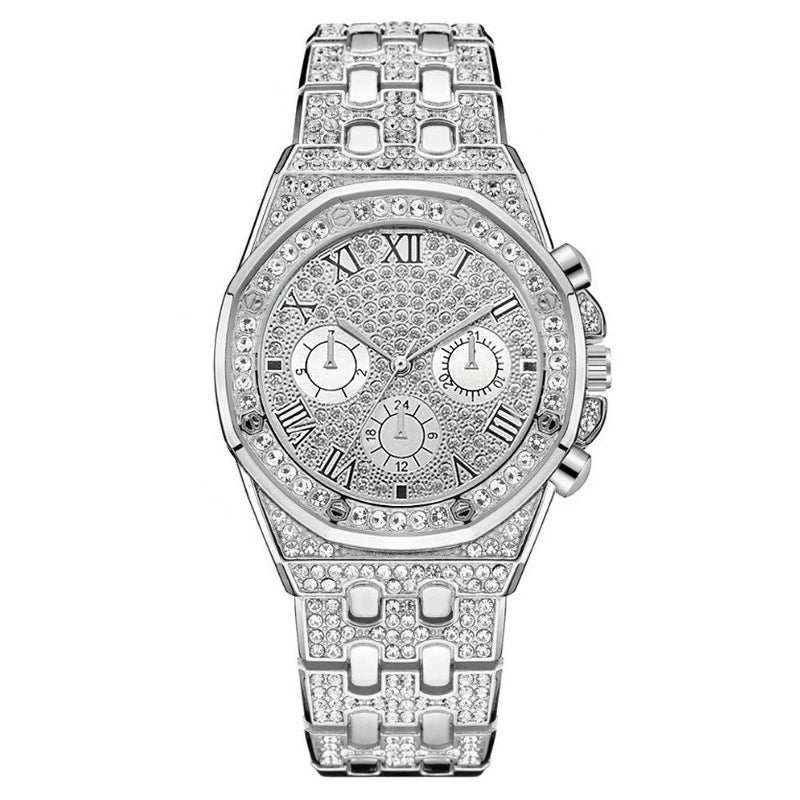 Men's Fashionable Steel Band Diamond Watch With Roman Numeral And Round Dial - Image 6