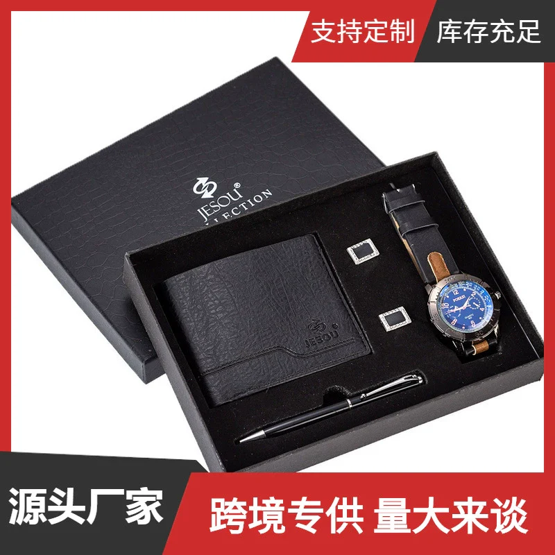 Men's Gift Set With Alloy Case Ordinary Glass Mirror Pu Strap Round Dial Leisure Style Watch Wallet Cufflinks Pen Set