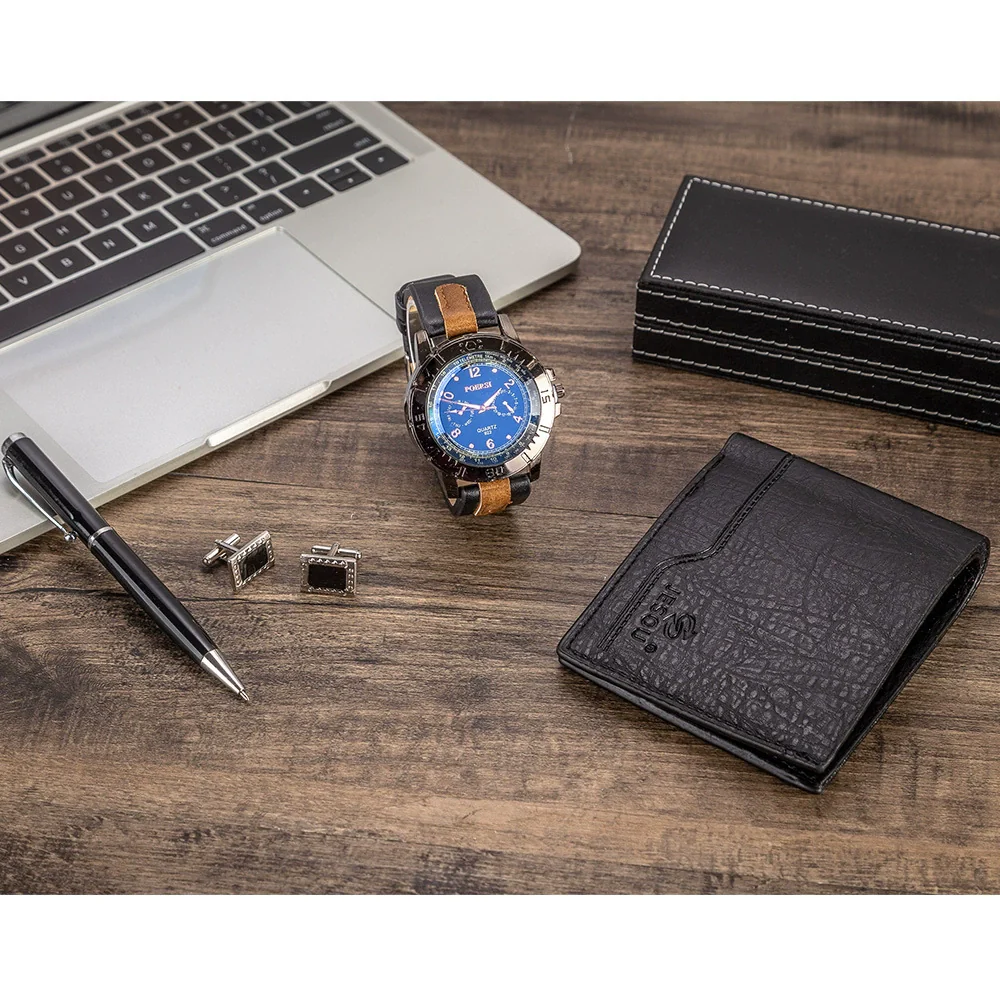 Men's Gift Set With Alloy Case Ordinary Glass Mirror Pu Strap Round Dial Leisure Style Watch Wallet Cufflinks Pen Set - Image 2