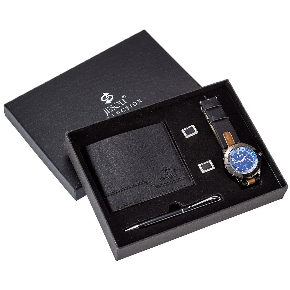 Men's Gift Set With Alloy Case Ordinary Glass Mirror Pu Strap Round Dial Leisure Style Watch Wallet Cufflinks Pen Set - Image 6