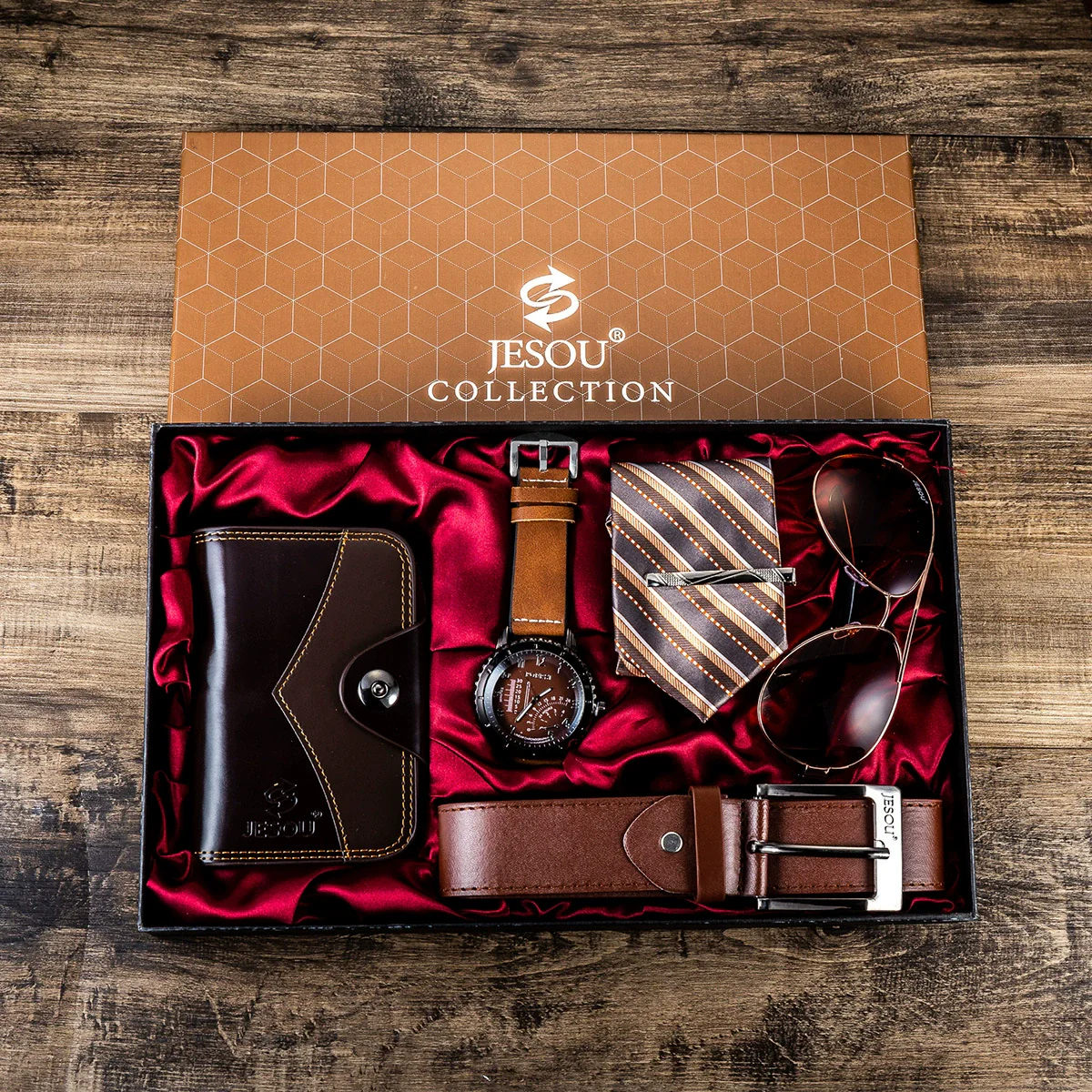 Men's Gift Set With Alloy Case Stainless Steel Clasp Pu Strap Round Dial Ordinary Glass Mirror Watch Glasses Belt Wallet Leisure Style - Image 5