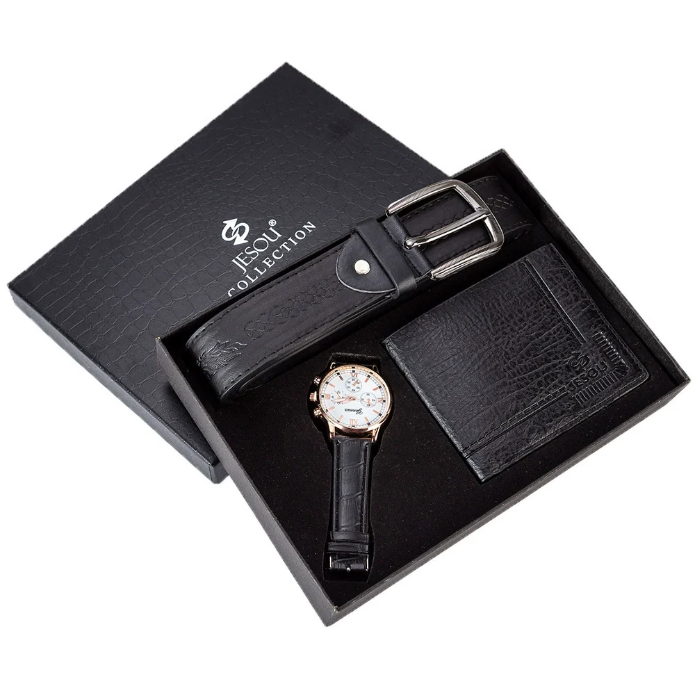 Men's Gift Set With Alloy Watch Pu Belt And Wallet Leisure Style Round Dial Pin Buckle Stainless Steel Clasp - Image 2