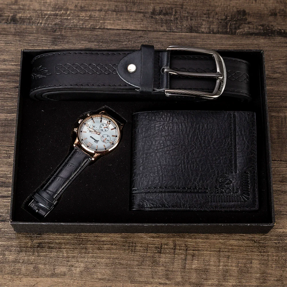 Men's Gift Set With Alloy Watch Pu Belt And Wallet Leisure Style Round Dial Pin Buckle Stainless Steel Clasp - Image 3
