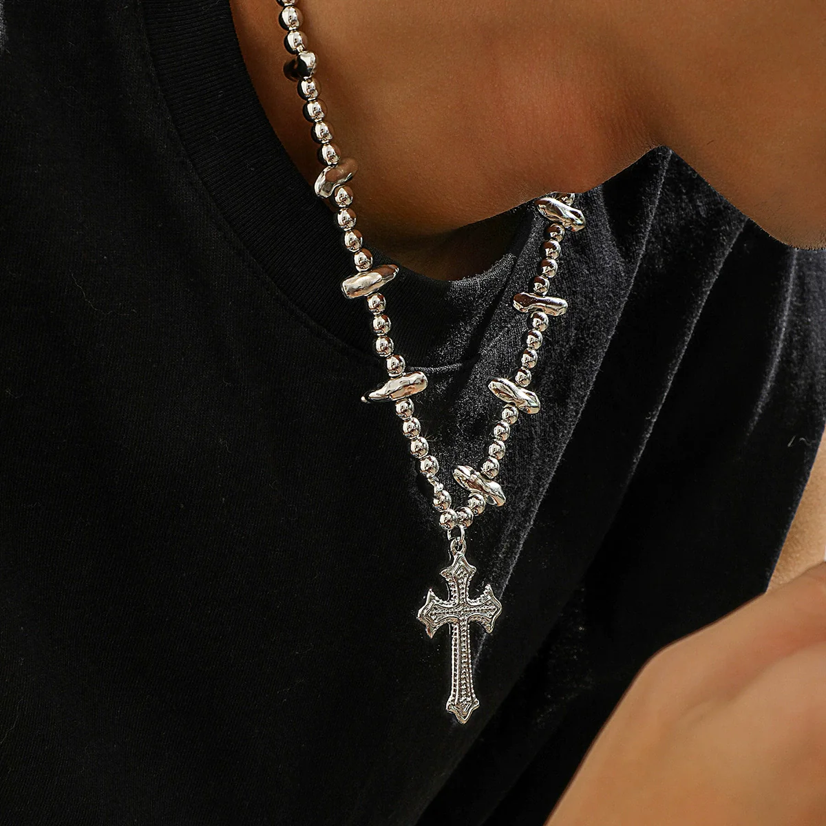 Men's Handmade Alloy Imitation Pearl Cross Geometric Hip Hop Necklace