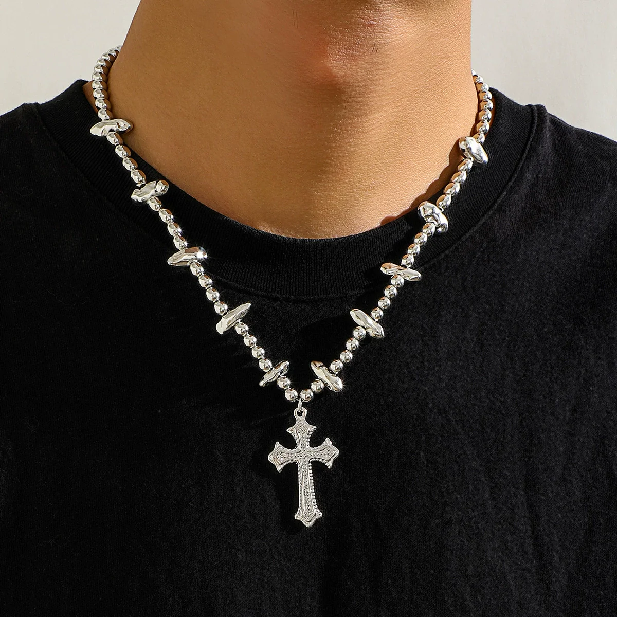 Men's Handmade Alloy Imitation Pearl Cross Geometric Hip Hop Necklace - Image 2