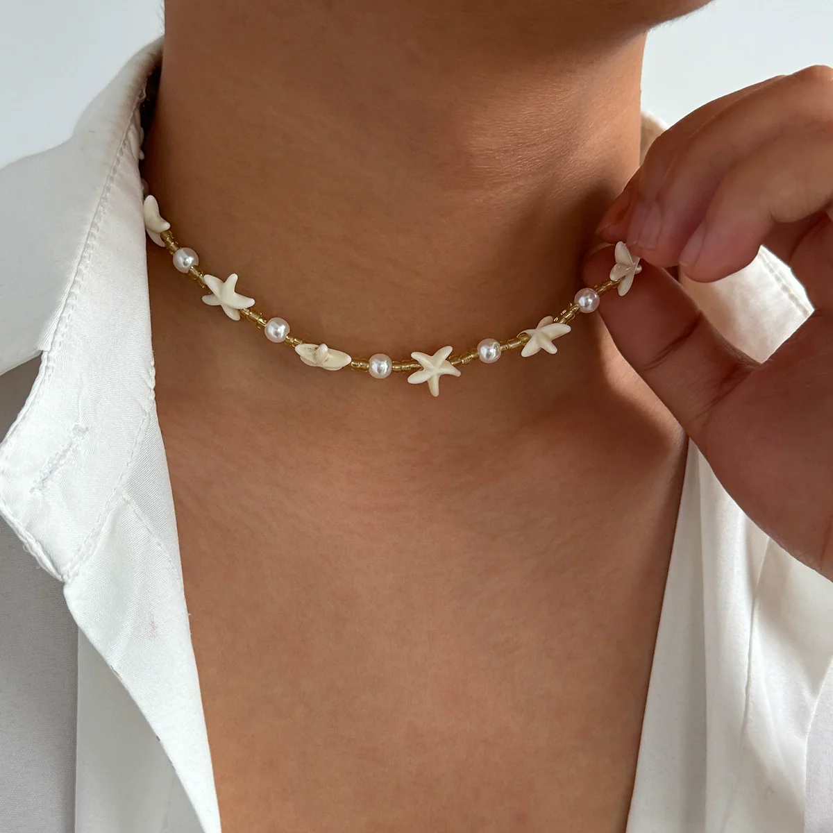 Men's Handmade Geometric Imitation Pearl Starfish Necklace Jewelry - Image 3