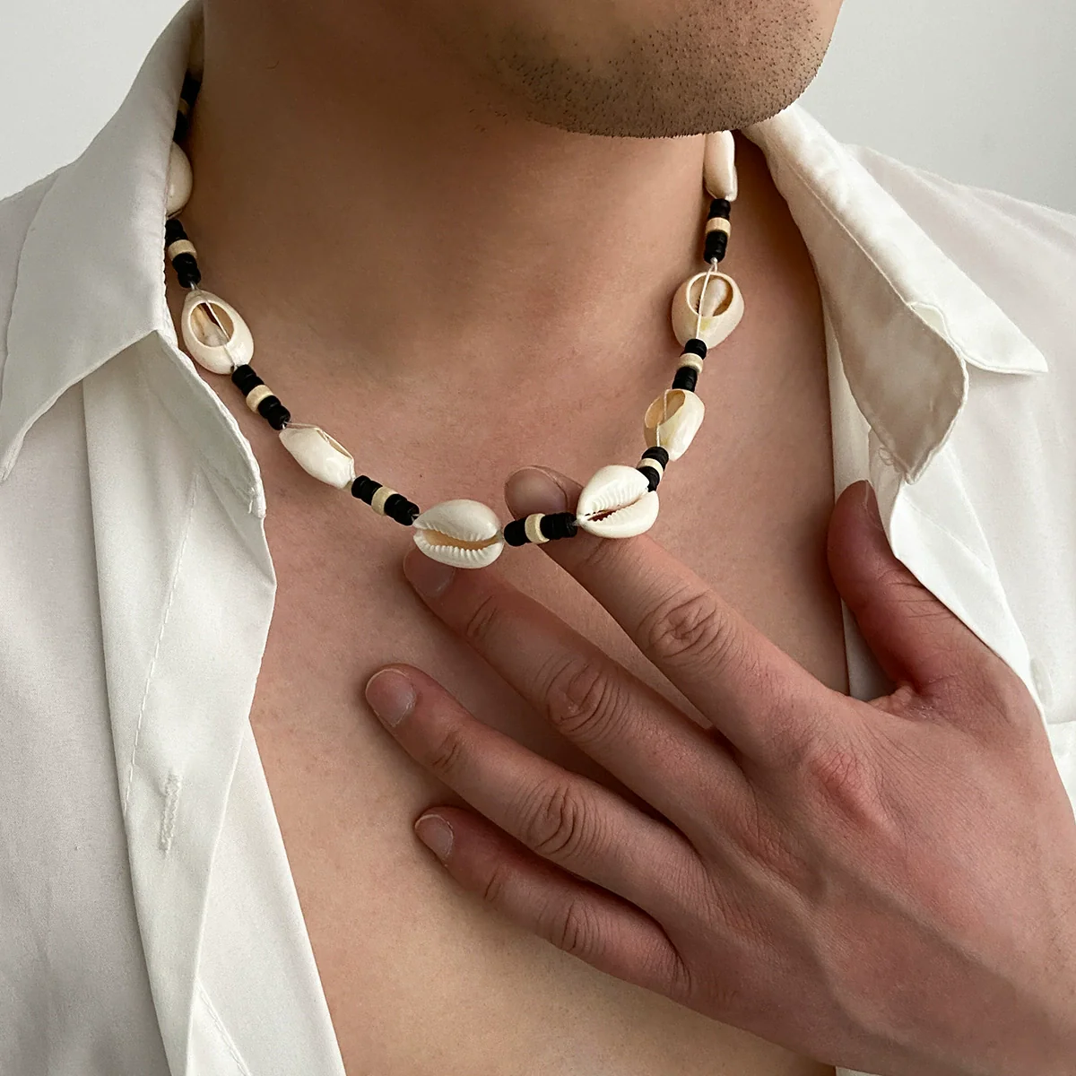 Men's Handmade Geometric Shell And Wood Bead Necklace - Image 3