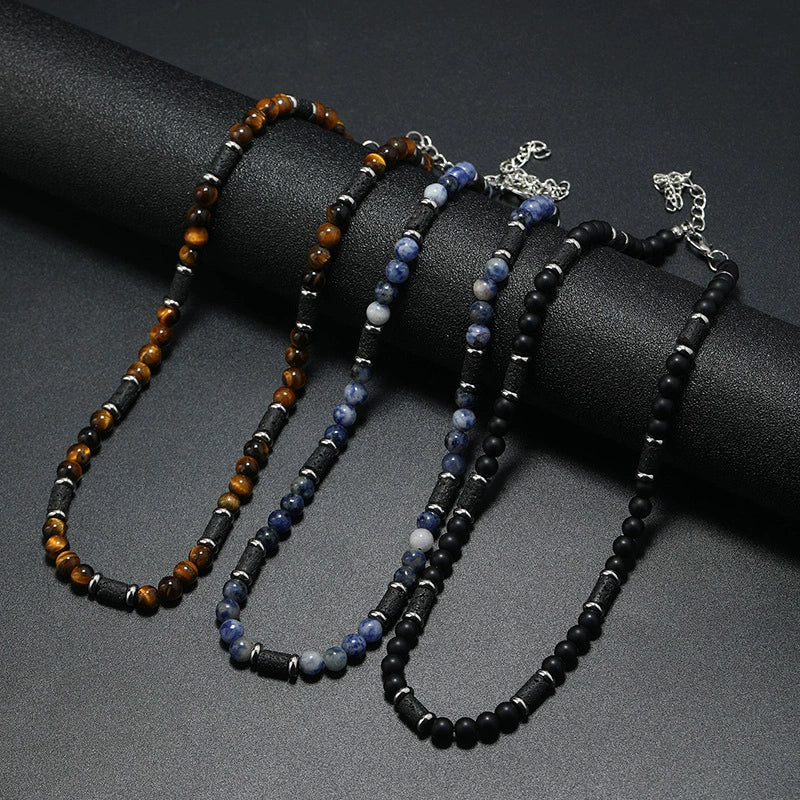 Men's Handmade Natural Stone Beaded Necklace With Geometric Style And Alloy Pendant