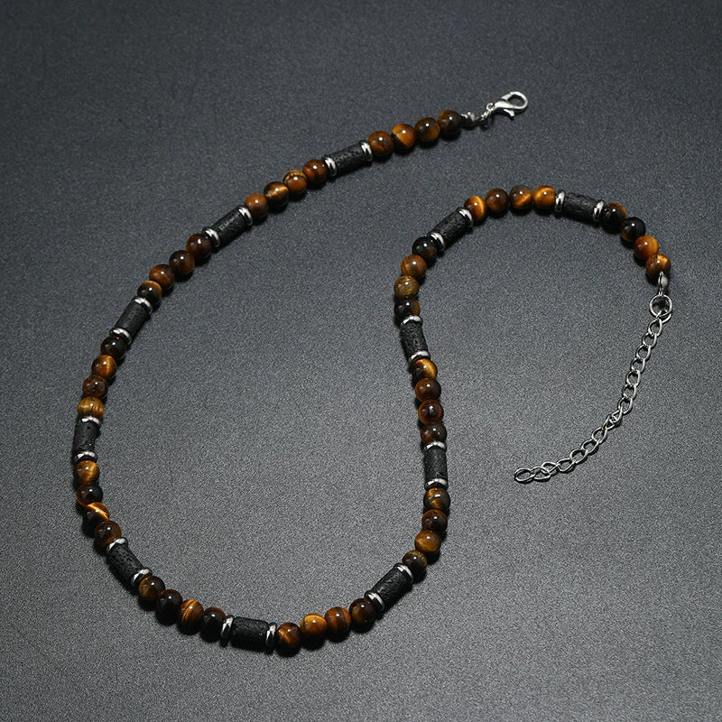 Men's Handmade Natural Stone Beaded Necklace With Geometric Style And Alloy Pendant - Image 2